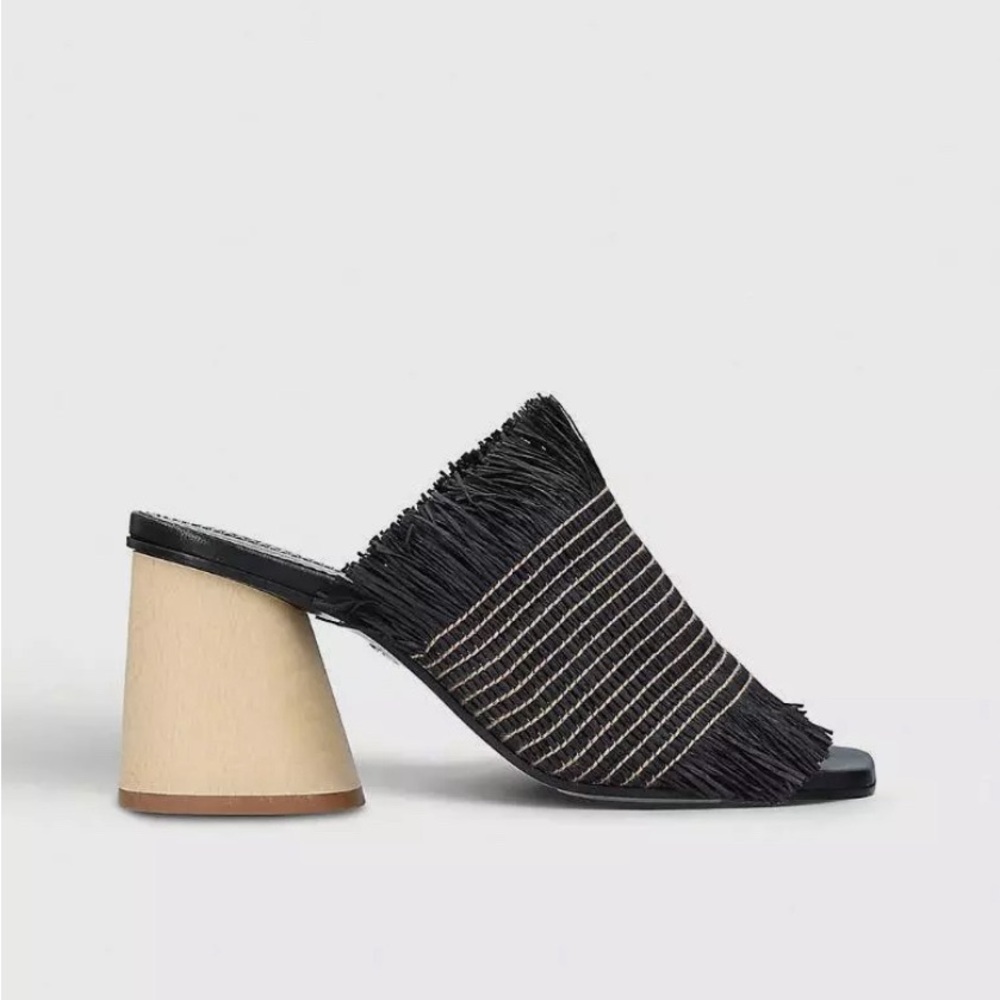 Proenza Schouler | Black Raffia Fringe Mule Sandals | Wood Heel | Size 37.5